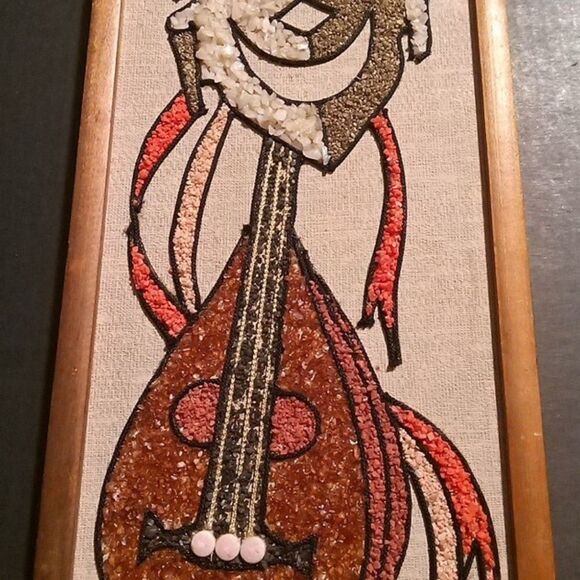 2 Vintage GRAVEL Pebble Art Pictures Mid Century COMEDY TRAGEDY MASKS 24 x 8 3/4 - Picture 3 of 5